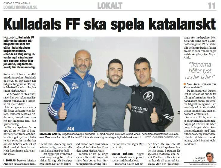 Lokaltidningen-artikel från 2016 om tränarutveckling och katalansk fotbollsmetodik i Kulladals FF